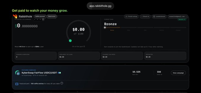 A screenshot of the Rabbithole website (apr.rabbithole.gg) showing a dashboard with 'Get paid to watch your money grow' and 'KyberSwap FairFlow USDC/USDT' campaign information.