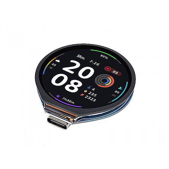 A round smartwatch display showing a digital clock face reading '20:08' with the date 'Mon 7.26', weather information, and various fitness metrics displayed in colorful UI elements.