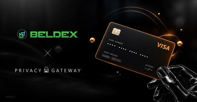 A promotional banner for 'BELDEX × PRIVACY GATEWAY' featuring a black VISA card held by a robotic hand with golden accents against a dark background.