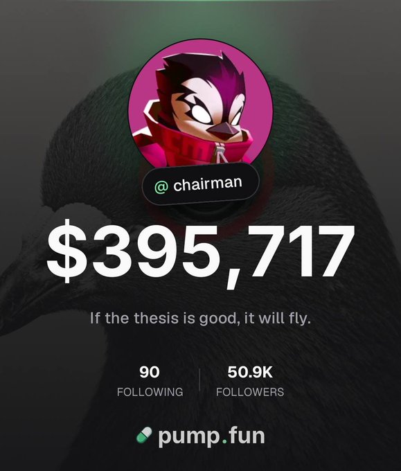 The image shows a Pump.fun profile for "@chairman" featuring a stylized purple-haired character avatar, displaying a portfolio value of $395,717 with 50.9K followers and 90 following, alongside the quote "If the thesis is good, it will fly." This visually celebrates the milestone mentioned in the post of @Chairman_DN surpassing 50,000 followers on Pump.fun, highlighting the account's growing influence and substantial holdings on the platform.