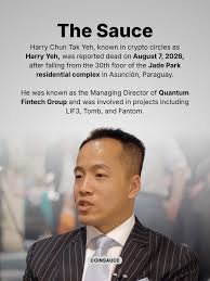 A slide titled 'The Sauce' describing Harry Chun Tak Yeh, crypto circles figure and Managing Director of Quantum Fintech Group, known for complex investments in LP3, Tomb, and Fantom.