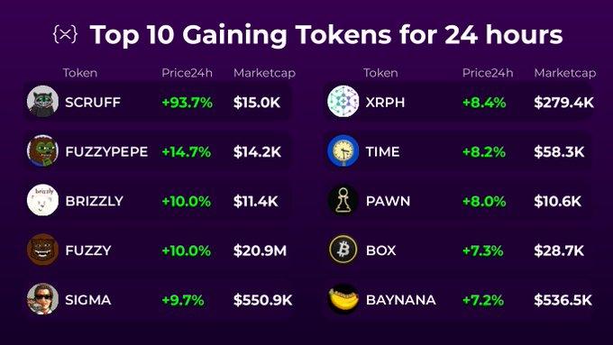 A screenshot titled 'Top 10 Gaining Tokens for 24 hours' displaying a list of tokens including SCRUFF (+93.7%), FUZZYPEPE (+14.7%), and XRPH (+8.4%) along with their market caps.