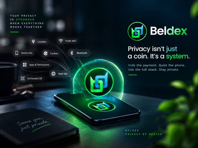 A Beldex cryptocurrency advertisement featuring the text 'Privacy isn't just a coin. It's a system.' alongside icons for Location, Public WiFi, Device Info, Cookies, Bluetooth, Apps & Permissions, Unchecked QR, and Next Site, plus the tagline 'Same you, just private.' and 'BELDEX PRIVACY BY DESIGN.'