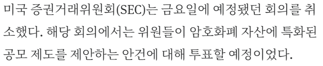 The image contains Korean text about the SEC (미국증권거래위원회) canceling a meeting scheduled for Friday, where members were scheduled to discuss a proposal related to allowing crypto assets to be included in capital calculations—a cancellation that appears connected to recent U.S. crypto regulatory developments.