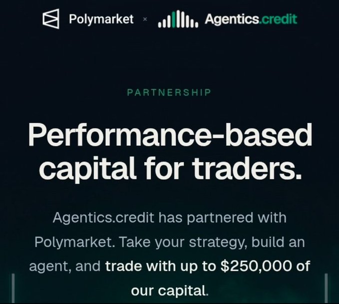 A promotional graphic announcing a partnership between Polymarket and Agentics.credit, offering 'Performance-based capital for traders' with up to $250,000.
