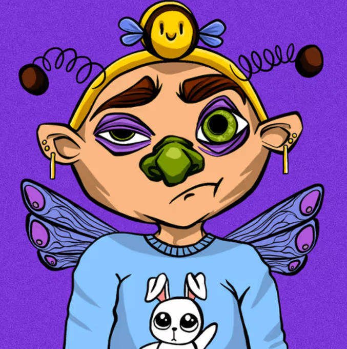 A digital illustration of a stylized character with mismatched eyes, a green nose, yellow hair accessories, purple butterfly wings, and a blue shirt featuring a white bunny.