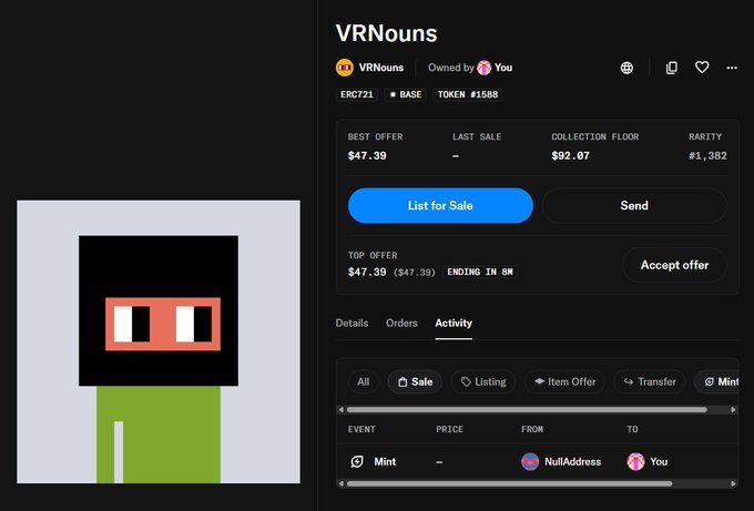 An NFT marketplace listing for 'VRNouns' (token #1588) on BASE, showing a best offer of $47.39, collection floor of $92.07, with options to List for Sale or Send.