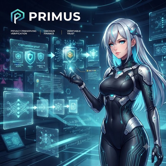 An anime-style female character with long silver hair stands in a futuristic tech environment beside the 'PRIMUS' logo; text reads 'PRIVACY-PRESERVING VERIFICATION', 'ONCHAIN FINANCE', and 'VERIFIABLE TRUST'.