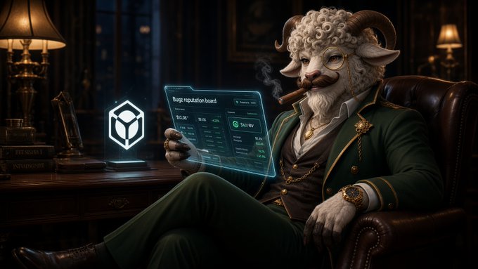 A digitally rendered anthropomorphic ram with a mustache and cigar, dressed in an elegant green suit, sitting in a leather chair while examining a holographic 'Bugs reputation board' beside a glowing hexagonal emblem.