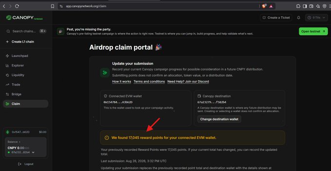 A screenshot of a Canopy Network airdrop claim portal shows an EVM wallet connected, with a red arrow pointing to a notification stating 'We found 17,045 reward points for your connected EVM wallet.'