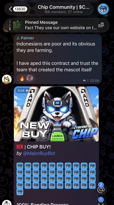 A Telegram chat screenshot for 'Chip Community | $C...' shows a pinned message and a user 'J. Palmer' commenting on a meme image of a cyberpunk dog mascot with the text 'NEW BUY' and 'CYBERNETIC CHIP'.