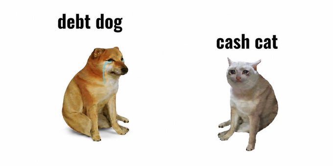 The image is a humorous meme depicting a crying dog labeled "debt dog" on the left and a smug-looking cat labeled "cash cat" on the right, illustrating the relatable contrast between being broke and being financially successful. This ties directly to the post's joke about the trading app Robinhood, suggesting the mascot could be rebranded as "DebtDog" to reflect the irony of users trading their way from debt to riches.