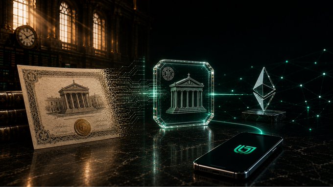 A digital artwork depicts the transition of a physical banknote into digital cryptocurrency tokens, featuring glowing blockchain technology, a neon bank icon, and an Ethereum logo connected to a smartphone.