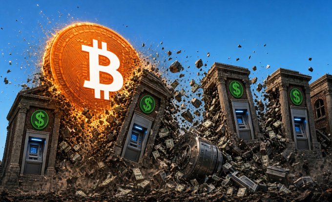 A massive Bitcoin coin bursts through a row of traditional bank buildings marked with green dollar signs, sending debris and a bank vault flying as the cryptocurrency shatters the established financial infrastructure. The dramatic scene visually reinforces the post's theme of community bankers fighting crypto firms like Circle, Coinbase, and World Liberty Financial for bank charters they fear threaten their industry.