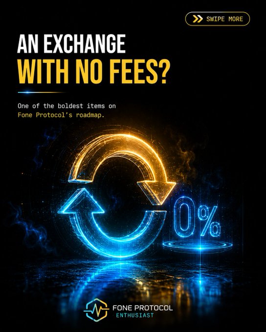 A promotional graphic for 'FONE PROTOCOL ENTHUSIAST' asking 'AN EXCHANGE WITH NO FEES?' and highlighting '0%' with a glowing neon exchange arrow logo.
