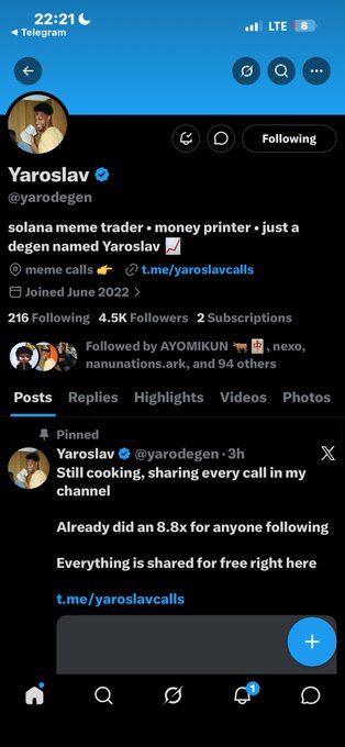 A screenshot of a Telegram profile page for 'Yaroslav' (@yarodegen), described as a 'solana meme trader', with a pinned post saying 'Still cooking, sharing every call in my channel' and mentioning an 8.8x gain, linking to 't.me/yaroslavcalls'.