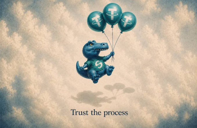 An illustration shows a blue dinosaur wearing a green T-shirt with the Tether (USDT) logo, floating in the sky holding balloons also bearing the USDT logo, with the text "Trust the process" below.