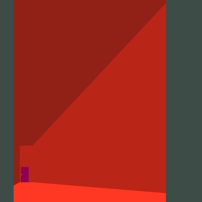 A minimalist illustration of a red room with a small purple door at the base of the left wall, viewed from a doorway.