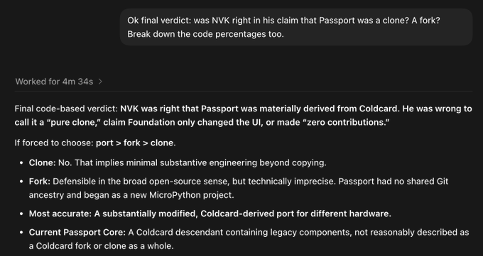 A screenshot of an AI conversation (GPT 5.6 Sol) where the user asks for a final verdict on whether NVK's claim that Foundation's Passport was a clone of Coldcard is correct, with the AI responding that NVK was right that Passport was "materially derived from Coldcard" but wrong to call it a "pure clone," concluding that the most accurate description is "a substantially modified, Coldcard-derived port for different hardware."