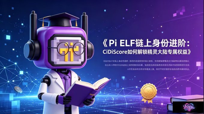 A promotional graphic featuring a purple robot mascot wearing a graduation cap and glasses, reading a book, with Chinese text titled 'Pi ELF 链上身份进阶：CiDiScore如何解锁精灵大陆专属权益' alongside a Pi cryptocurrency logo.