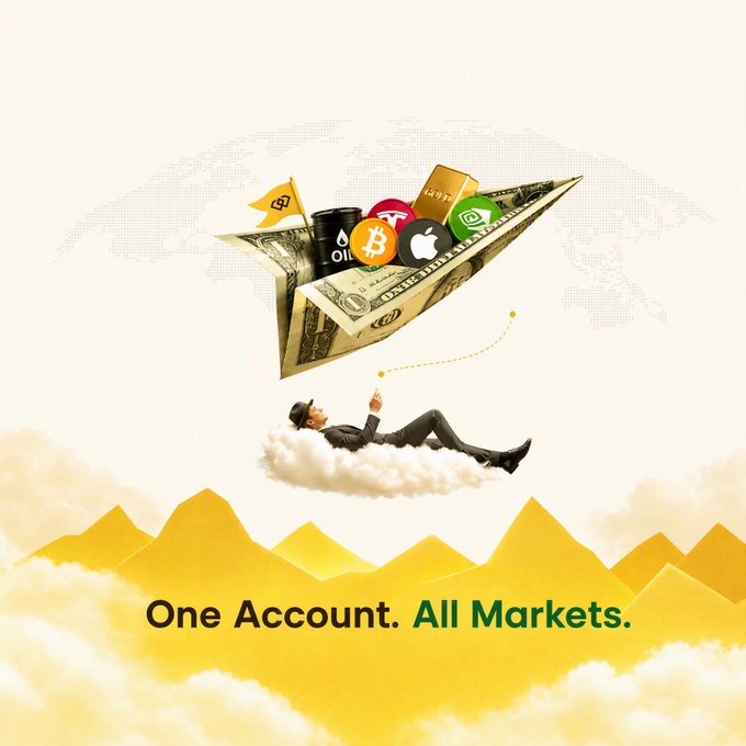 An advertisement with the text 'One Account. All Markets.' showing a man in a suit reclining on a cloud as a paper airplane filled with various financial assets (oil, Bitcoin, Apple stock) soars above mountains.