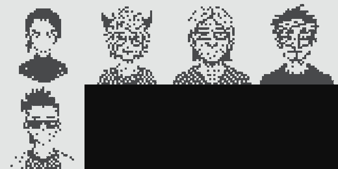 A row of pixel art character portraits is displayed, with the top row featuring four distinct faces and a partial fifth face below, alongside a large black rectangle.