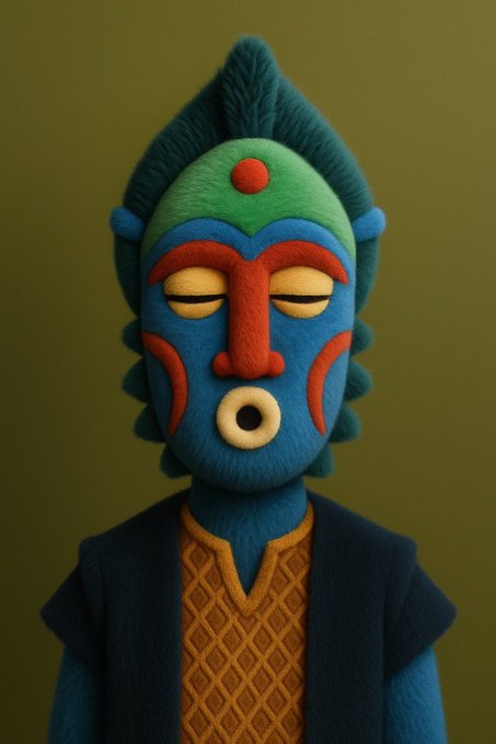 A stylized 3D rendering of a blue-skinned figure with closed eyes, featuring colorful red, green, and yellow face paint, wearing a textured orange shirt and dark vest against an olive background.