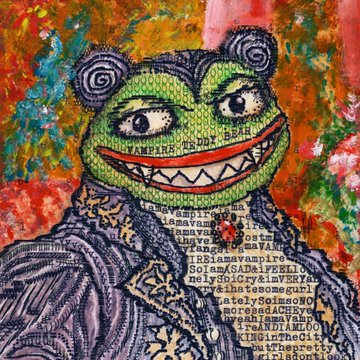 Mixed-media artwork depicting a green Pepe the Frog character with a wide, toothy grin, wearing a patterned blue and gold jacket against a textured, colorful background.
