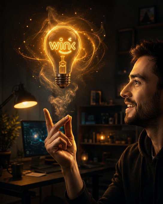 An artistic rendering shows a man smiling while looking up at a glowing lightbulb with the word "wink" written inside it.