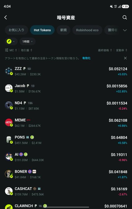 A cryptocurrency tracking app displays a list of tokens under the '暗号資産' (Crypto Assets) tab, showing hot tokens like ZZZ, Jacob, ND4, MEME, and PONS with their prices and percentage changes.