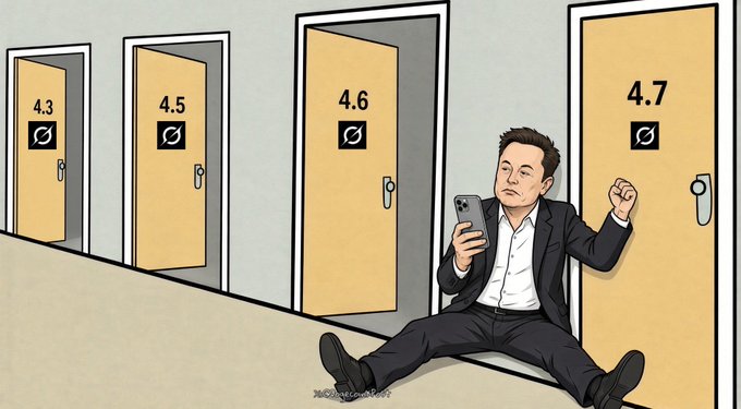 An illustration shows a man in a suit sitting on the floor between doors labeled 4.3, 4.5, 4.6, and 4.7 (each with an 'Ø' symbol), holding a phone and raising a fist.