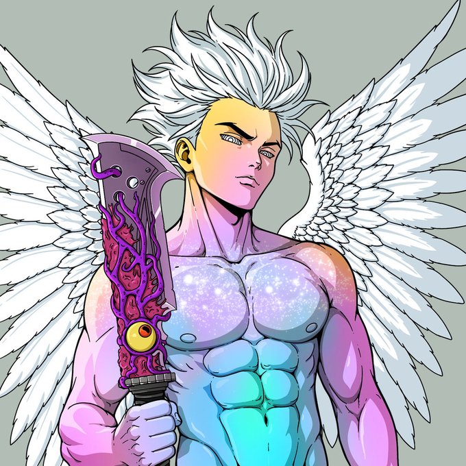An anime-style illustration of a muscular figure with spiky white hair, large white wings, a galaxy-patterned torso, and holding a glowing, ornate weapon.