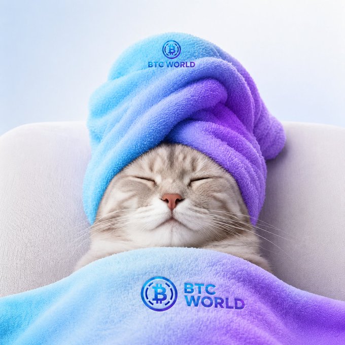 An adorable fluffy cat with its eyes closed, peeking out from under a blue and purple towel with 'BTC WORLD' and Bitcoin logos printed on it.