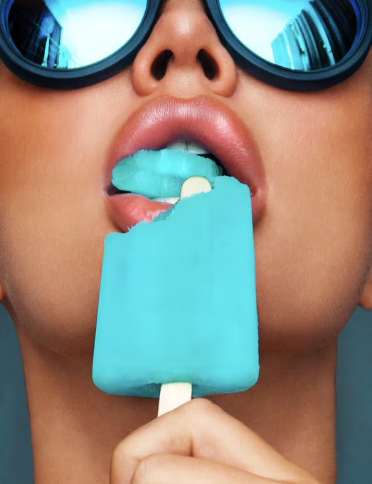 A close-up shows a person wearing blue reflective sunglasses eating a bright blue popsicle, with their lips and teeth visible.