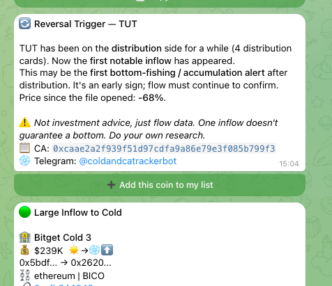 A crypto alert screenshot showing 'Reversal Trigger — TUT' indicating distribution with a -68% price change, plus a 'Large Inflow to Cold' notification for Bitget Cold 3 showing 239K tokens worth $5 on the Ethereum | BICO network.