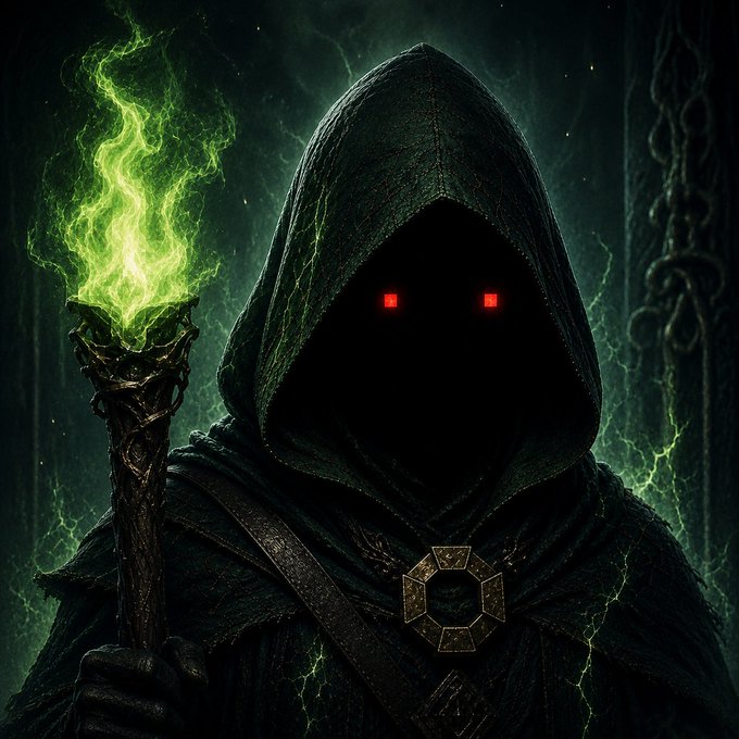 A dark fantasy digital artwork of a hooded figure with glowing red eyes and a metallic emblem, holding a staff topped with green ethereal flames against a stormy background.