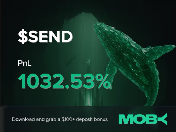 A promotional graphic for Moby Mobile features a glowing green whale sculpture beside bold text announcing a "$SEND" trade with a "PnL 1032.53%" win, complemented by a "Download and grab a $100+ deposit bonus" call-to-action and the Moby logo, visually celebrating the trader's impressive 1,032.53% profit.