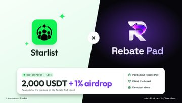 A promotional graphic showing 'Starlist' and 'Rebate Pad' logos with a launch offer of '2,000 USDT + 1% airdrop' rebate.