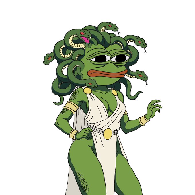 A cartoon illustration shows a green-skinned female figure resembling Medusa, with snakes for hair and wearing a white Grecian-style dress.