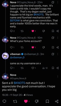 A screenshot of X (formerly Twitter) shows user @Crypto_Nova_6 telling @vibeman "I sent you 1000x faster than me was in early," prompting vibeman to reply "same as my username on x" before Crypto_Nova_6 follows up saying "Sent a lil $KNOTS not much but I appreciate the good conversation. I hope you win big" — confirming the tip of $KNOTS mentioned in the accompanying post.