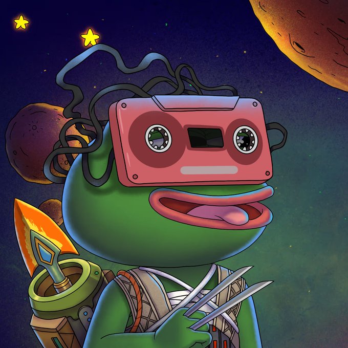 A cartoon frog character wearing a pink cassette tape on its head, holding three metal claws, with a sword and planets in the space background.