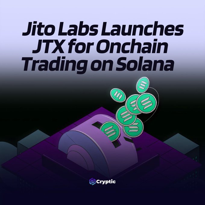 A promotional graphic with the headline "Jito Labs Launches JTX for Onchain Trading on Solana" features an illustration of green Jito token coins spilling out of a purple vault, visually representing the launch of Jito's self-custodial JTX trading platform for professional traders on Solana.