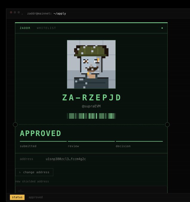 A terminal-style interface showing a ZADDR whitelist application with a pixel art avatar of a character with sunglasses, displaying 'ZA-RZEPJD' as the handle, @supraEVM username, and an 'APPROVED' status.