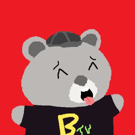 A cute cartoon illustration of a gray bear character wearing a black beanie and a black t-shirt with yellow 'BTV' text, sticking out its tongue against a red background.