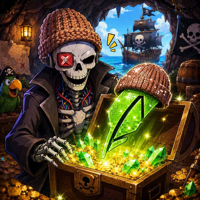 A cartoon skeleton pirate wearing a knit beanie and an eye patch discovers a glowing green 'S' symbol emerging from a treasure chest full of gold and emeralds, with a pirate ship and parrot in the background.