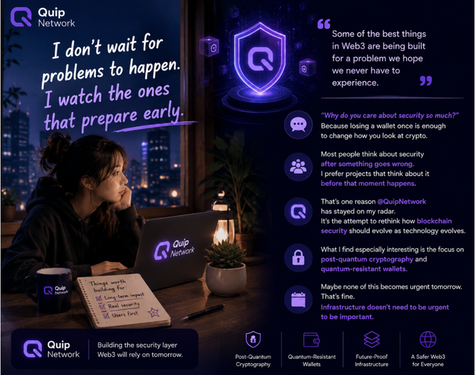 A young woman works at a laptop displaying the Quip Network logo alongside the quote "I don't wait for problems to happen. I watch the ones that prepare early," promoting Quip Network's focus on Web3 security, post-quantum cryptography, and quantum-resistant wallets as proactive protection for the future of blockchain.