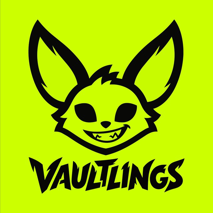A neon yellow-green logo featuring a black chibi-style creature with large ears, big black eyes, and sharp fangs sits above the jagged text "VAULTLINGS." The image serves as the branding for the VaultlingsNFT giveaway mentioned in the post, which offers 10 guaranteed raffle spots requiring participants to follow both X accounts, like/retweet, and drop their EVM wallet.