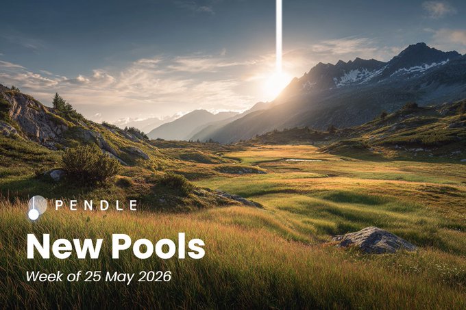 The image features a mountainous landscape with a large sunburst or rainbow-like effect over the mountains. The background includes a grassy field and a mountain range, creating a picturesque scene. Below the image, there is text that reads "New Pending" followed by a list of markets on Pendle, including some interesting ones offering rewards for users who sign up.