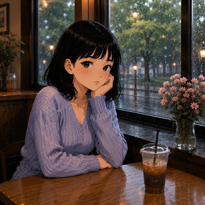 An anime-style illustration depicts a girl with bobbed dark hair in a purple cardigan sitting at a cafe table with an iced coffee, gazing out a rain-streaked window.