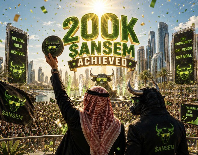 A triumphant scene shows a man in traditional Middle Eastern attire alongside a bull-costumed figure, both overlooking a massive crowd at a stadium with "200K $ANSEM ACHIEVED" displayed in bold golden letters and "BELIEVE. HOLD. ACHIEVE." banners flanking the stage, celebrating the milestone referenced in the post about committing fully to the $ANSEM goal despite market fear.